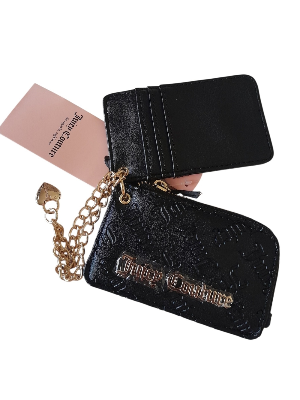 Juicy Couture Black Patent Card Holder with Gold Chain